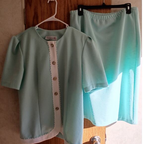 Vntg Pablo Collection Mint Green Skirt Suit Two Piece Set L Made USA Retro 80s - Picture 6 of 10